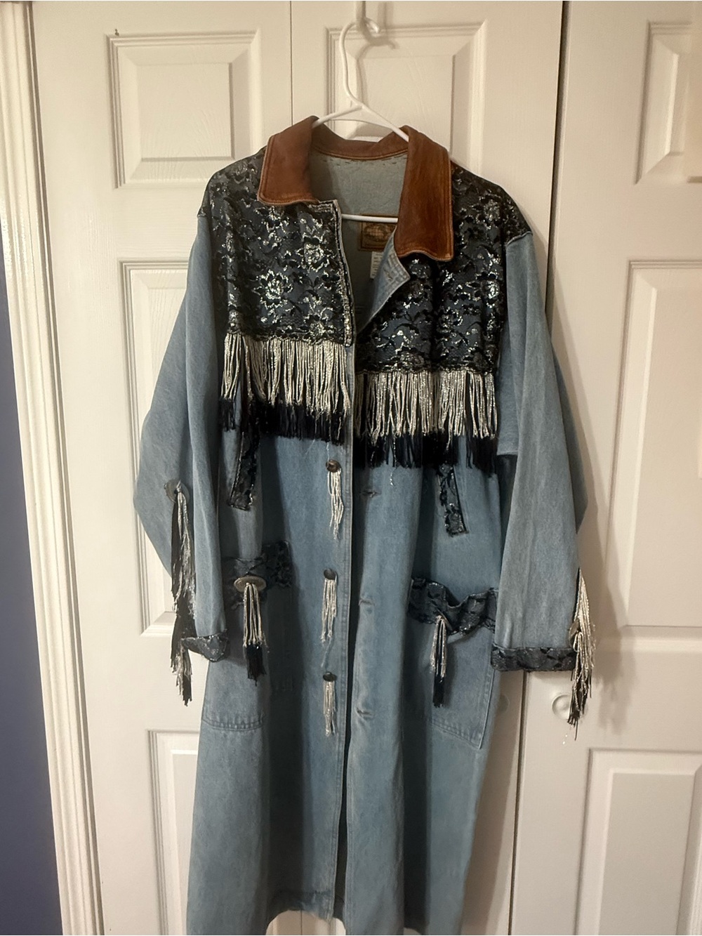Vintage Western Show Denim Trench Coat with Brown Collar & Black Sequin Yoke